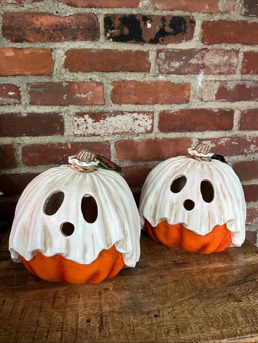 White & Orange Ghost Pumpkin Ceramic Lantern - Pair
